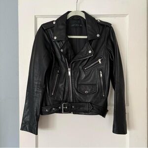 100% Sheep Leather Zara Black Biker Moto Jacket with Silver Hardware